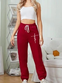Ladies Casual Sports Autumn And Winter Warm And Fleece Sweatpants Letter Printed Fashion All-Match Fleece Sweatpants - Burgundy - View 3