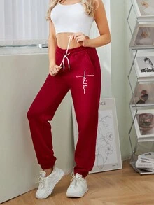 Ladies Casual Sports Autumn And Winter Warm And Fleece Sweatpants Letter Printed Fashion All-Match Fleece Sweatpants - Burgundy - View 5