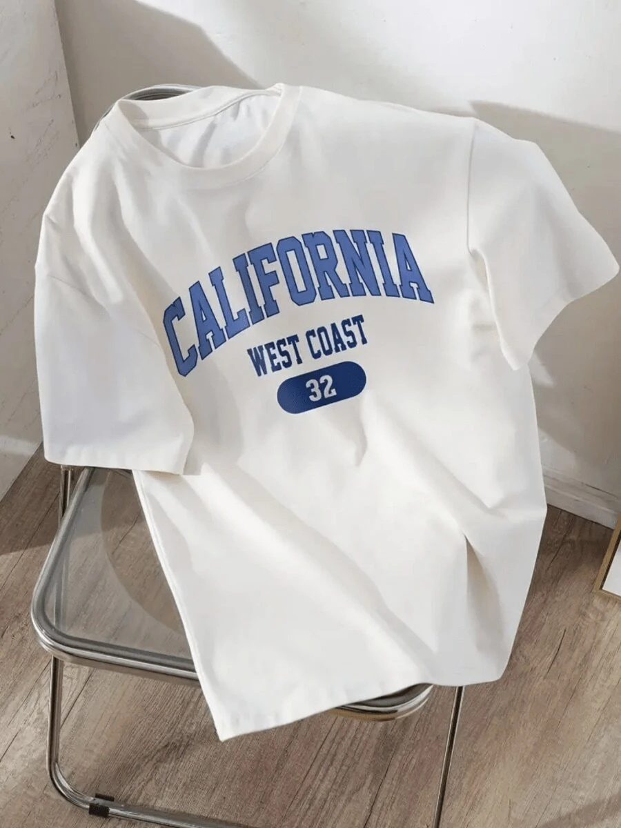 Vintage Casual Print Casual Crew Neck Short-Sleeved Slim Fit Women's T-Shirt - 白色 - 查看 1