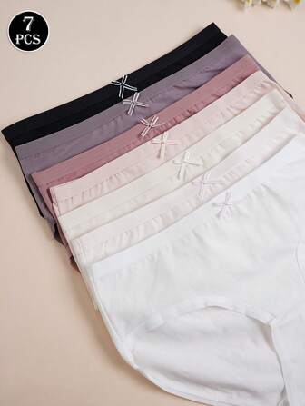 7pcs/Set Solid Color Bowknot Briefs, Comfortable Basic Panties