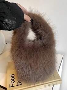 1pc毛绒手提包迷你托特包女新款秋冬可爱小众设计毛绒水桶包时尚，黑色，白色，灰色，棕色，粉色，卡其色，多种颜色，百搭时尚，可装纸巾，适合女学生和上班族日常通勤，便携外出。 - 彩色 - 查看 8