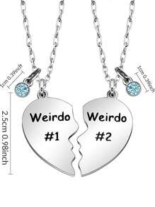 Friendship Gift, Weirdo 1 Weirdo 2 Split Heart Pendant Necklaces BFF Gift For Best Friend - Silver - View 6