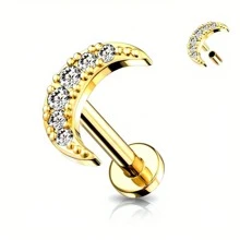 1PC CZ Paved Crescent Moon Top On Internally Threaded 316 Stainless Steel Flat Back Studs For Earring, Labret, Monroe, Cartilage And More
