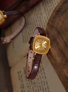 1pc New Vintage French Style Engraved Gold Square Small Dial Women's Watch, Fashion Minimalist Elegant Luxury Petite Waterproof Coffee Leather Strap Classic Quartz Ladies Wrist Watch Suitable For Daily Wear, Parties And Other Occasions - Coffee Brown - View 2
