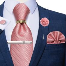 6 件/套男士领带条纹蓝色花卉领带手帕方形环夹胸花婚礼时尚（随机戒指）