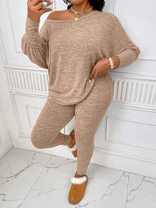 BIUBIU Plus Size Women Spring & Autumn Solid Color Round Neck Batwing Sleeve Top And Pants Casual Suit - Brown - View 1