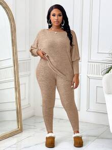 BIUBIU Plus Size Women Spring & Autumn Solid Color Round Neck Batwing Sleeve Top And Pants Casual Suit - Brown - View 4