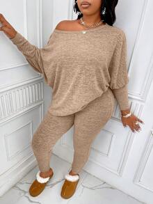 BIUBIU Plus Size Women Spring & Autumn Solid Color Round Neck Batwing Sleeve Top And Pants Casual Suit - Brown - View 6