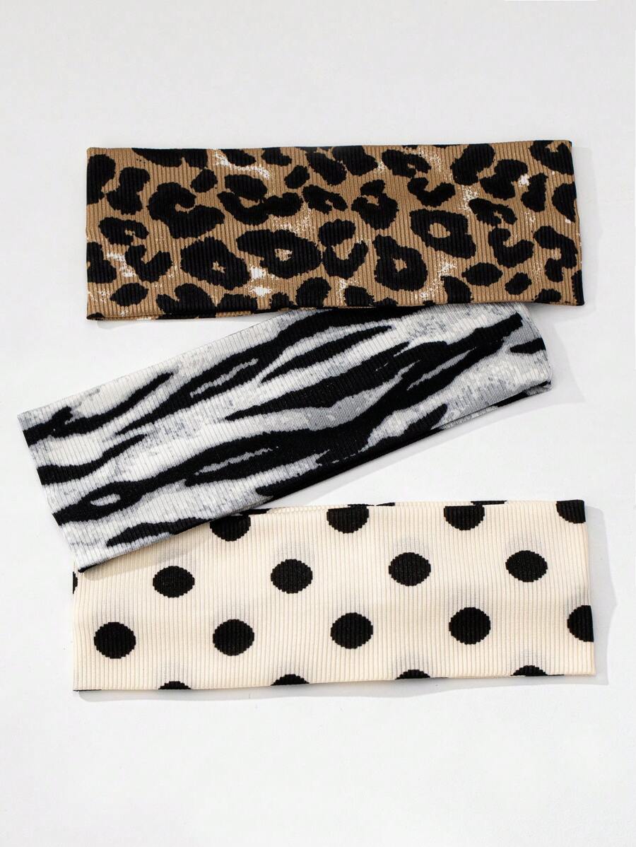 3件套 时尚女士豹纹印花柔软防滑发带，弹性瑜伽运动发饰，日常百搭，适合多种场合，夏季时尚发带 - 彩色 - 查看 1