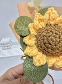 1 Bouquet Small Faux Knitting Sunflower With Eucalyptus Leaves, Autumn Artificial Crochet Flower Fall Fake Plant Eucalyptus Flowers Bride Bouquets Arrangement For Home Mom Birthday Wedding Party Back To School Supplies Thanksgiving Christmas Holiday Essentials Gift