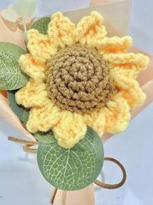 1 Bouquet Small Faux Knitting Sunflower With Eucalyptus Leaves, Autumn Artificial Crochet Flower Fall Fake Plant Eucalyptus Flowers Bride Bouquets Arrangement For Home Mom Birthday Wedding Party Back To School Supplies Thanksgiving Christmas Holiday Essentials Gift