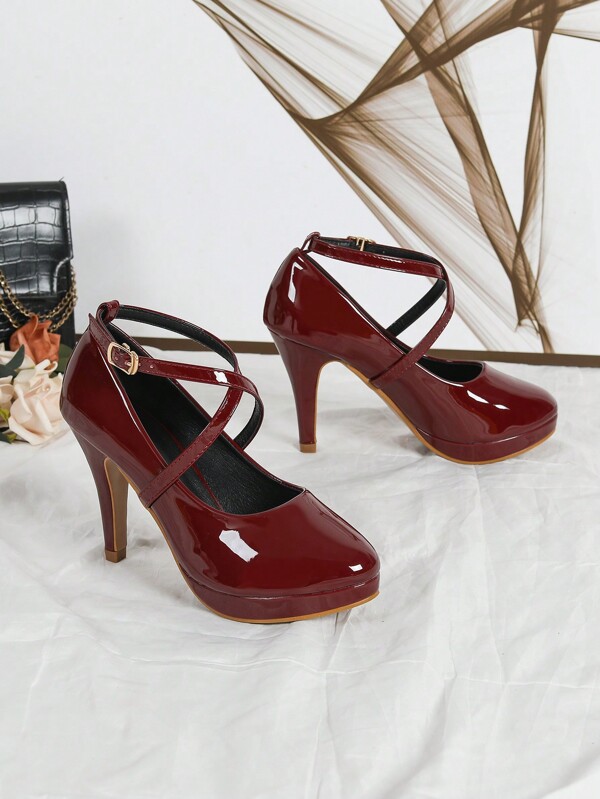 Wine Red Shiny Criss-Cross Slingback Low Vamp Women's High Heel Shoes, Super High Heel For Evening Party, Banquet, Slim Heel Platform