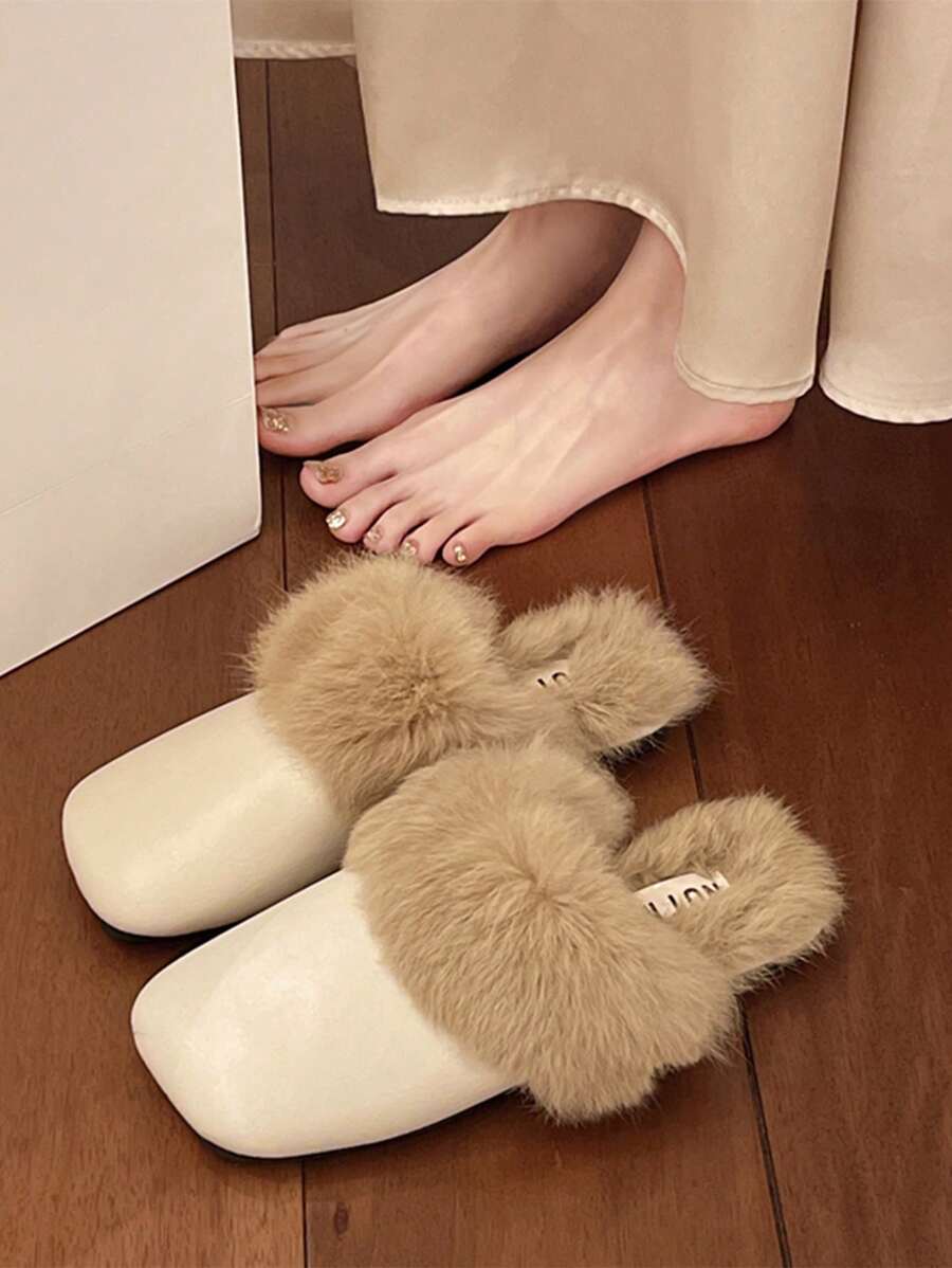 女士休闲一脚蹬拖鞋,秋冬季新款圆头毛绒拖鞋 - 米色 - 查看 1