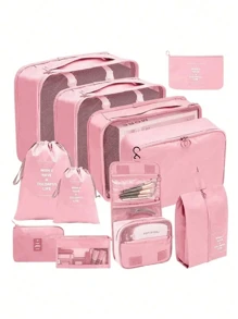 11 件套旅行行李打包立方体收纳袋套装，含洗漱包、化妆包、内衣、鞋子和服装分类收纳袋，旅行收纳袋，用于衣物行李收纳袋套装，邮轮度假海滩度假用品包装袋，夏季旅行必备女士手提箱内衣袋房间装饰返校用品
