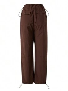 Women Solid Color Loose Trousers High Waist Casual Long Pants For Spring - Brown - View 5