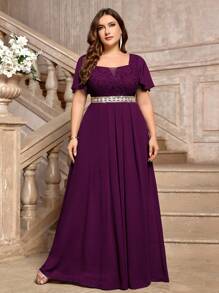 Plus Deep V Neck Floral Lace Flounce Sleeve Bodice Contrast Sequin Decorated Belt Chiffon Hem Formal Evening Party Dress - Màu Tím - Xem 5