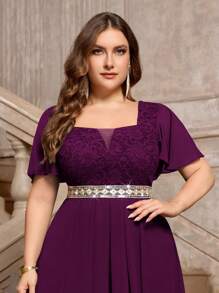 Plus Deep V Neck Floral Lace Flounce Sleeve Bodice Contrast Sequin Decorated Belt Chiffon Hem Formal Evening Party Dress - Màu Tím - Xem 7