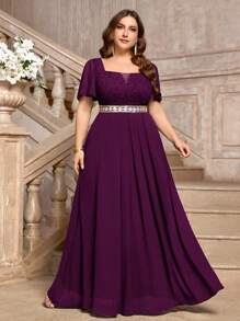 Plus Deep V Neck Floral Lace Flounce Sleeve Bodice Contrast Sequin Decorated Belt Chiffon Hem Formal Evening Party Dress - Màu Tím - Xem 1