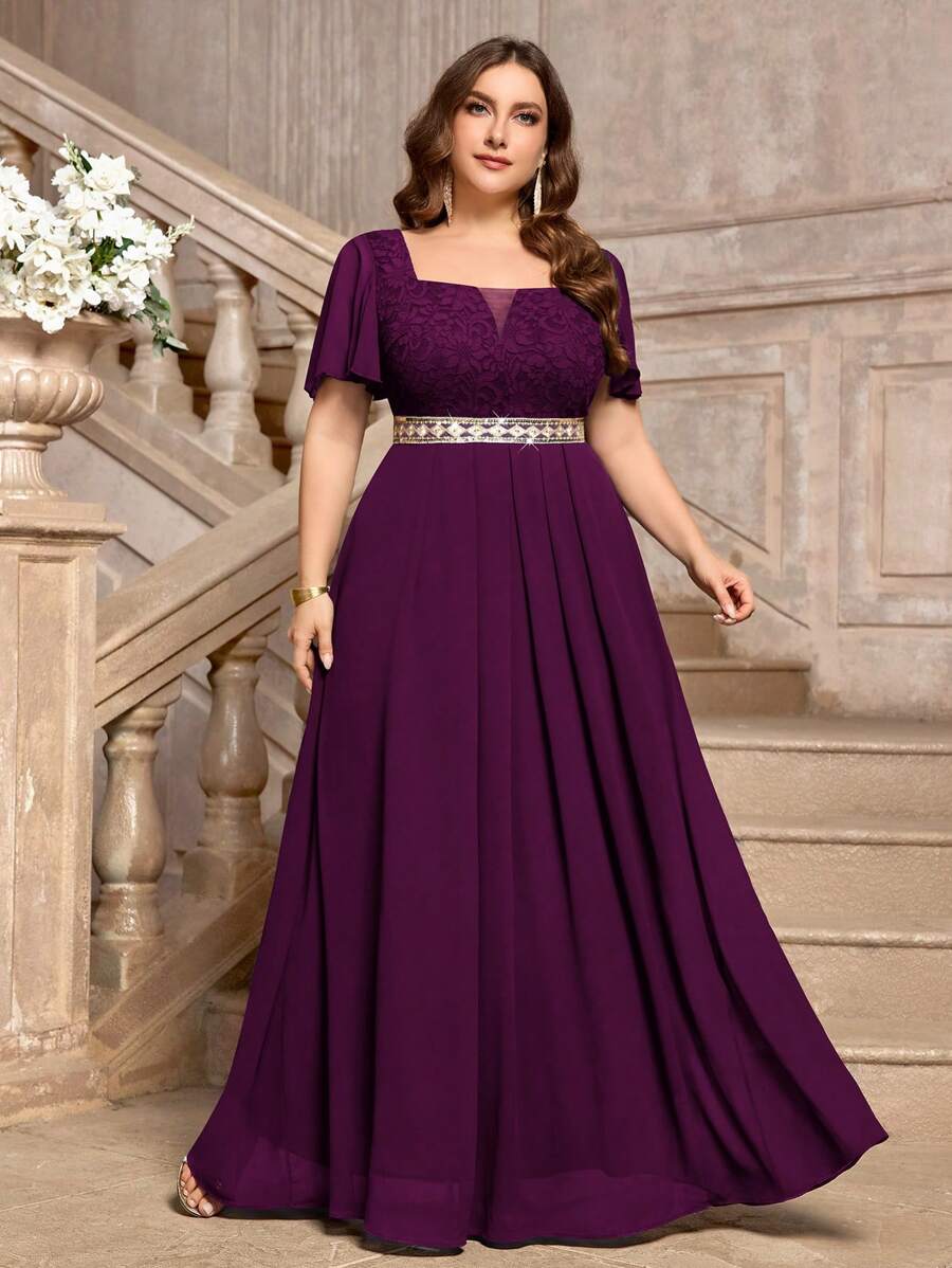 Plus Deep V Neck Floral Lace Flounce Sleeve Bodice Contrast Sequin Decorated Belt Chiffon Hem Formal Evening Party Dress - Màu Tím - Xem 1