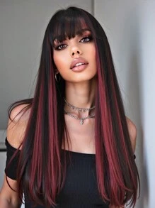 黑色和粉色长直合成假发带刘海耐热纤维假发适合女性女孩自然日常派对角色扮演万圣节假发 - 彩色 - 查看 2