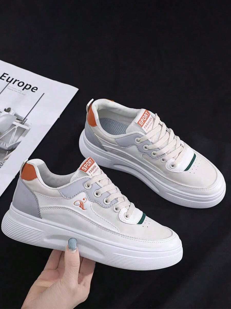 Women's Round Toe Lace Up Flat Sneakers, Dopamine Inspired With White/Green/Orange Colors, Suitable For Casual Wear, Christmas Gift, Fashion Sneakers - 灰色 - 查看 1