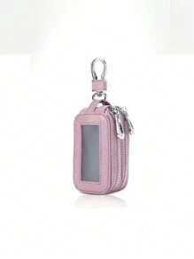 时尚PU汽车钥匙包大容量钥匙包双层腰挂式通用拉链钥匙包男女钥匙包带钥匙圈和钥匙链粉色包圣诞节礼物感恩节女士迷你钱包 - 粉色 - 查看 16