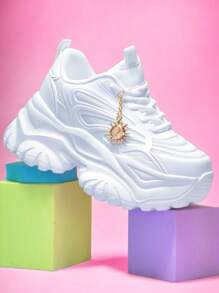 Women's Fashion Casual Sports Shoes With Sunflower Metal Decorative Charm, Outdoor All Season High Platform White High Heel Shoes, Lightweight Soft Bottom Shock Absorbing Running Sneakers, Summer Breathable Quick Dry Mesh Sandals, Round Toe Lace-Up White Shoes For College Students, Teenagers, Daily, Date, Workout, Office, Non-Slip Increased Height 7CM Platform Sports Shoes