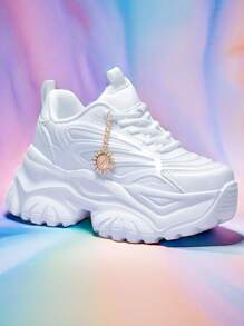 Women's Fashion Casual Sports Shoes With Sunflower Metal Decorative Charm, Outdoor All Season High Platform White High Heel Shoes, Lightweight Soft Bottom Shock Absorbing Running Sneakers, Summer Breathable Quick Dry Mesh Sandals, Round Toe Lace-Up White Shoes For College Students, Teenagers, Daily, Date, Workout, Office, Non-Slip Increased Height 7CM Platform Sports Shoes