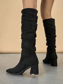 2025 New Women's Fashion Comfortable Versatile Solid Color Slip-On High Heel Tall Boots, Suitable For Any Occasion, Travel And Holiday - Black - View 3