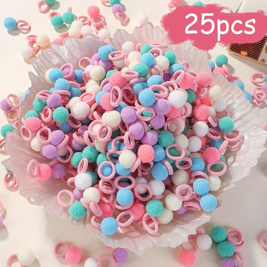 bilicaca 25 件/包 彩色蓬松绒球发带，适合女孩，可爱弹性发饰，适合幼儿女孩，情人节礼物 - 彩色 - 查看 1