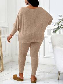 BIUBIU Plus Size Women Spring & Autumn Solid Color Round Neck Batwing Sleeve Top And Pants Casual Suit - Brown - View 2