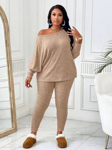 BIUBIU Plus Size Women Spring & Autumn Solid Color Round Neck Batwing Sleeve Top And Pants Casual Suit - Brown - View 5