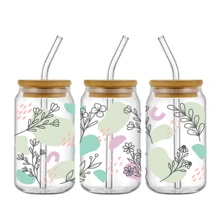 4pcs Bohemian Style Wild Flowers UV DTF Cup Sticker, Adhesive, Suitable For 16oz Glass Jars - DIY Packaging Stickers