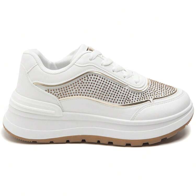 Thick Sole Shoes With Embossed Details And Laces - White - View 3