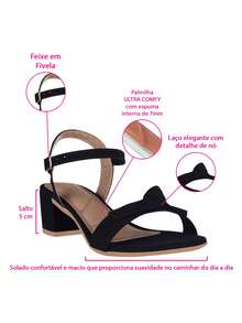 Takata Sandália Feminina Salto Baixo Bloco Moda Confortável Fivela Laço Nó Nobuck Preto Casual Lançamento Festa - Preto - Visão 4