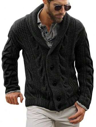 Men's Textured Knit Button-Up Cardigan Sweater, Thick Long Sleeve Fisherman Casual Sweater For Winter, For Fall, Grunge Style