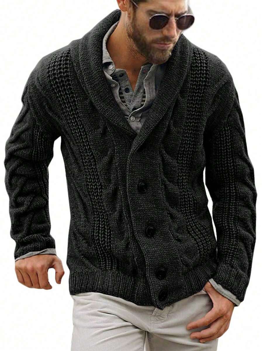 Men's Textured Knit Button-Up Cardigan Sweater, Thick Long Sleeve Fisherman Casual Sweater For Winter - màu đen - Xem 1
