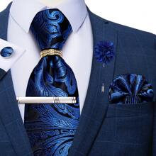 6 件/套男士领带条纹蓝色花卉领带手帕方形环夹胸花婚礼时尚（随机戒指）