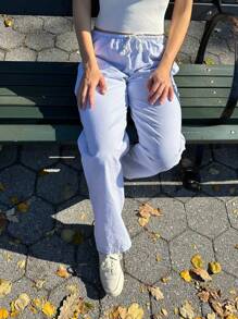 Women's Stripe Print Pants Drawstring Low Rise Straight Leg Trousers Bottoms - Baby Blue - View 3