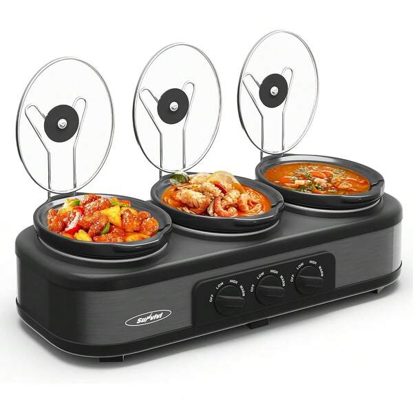 Sunvivi Triple Slow Cooker, Buffet Food Warmer With Three 1.5-Quart Removable Ceramic Pots, Buffet Servers And Warmers With Glass Lids And 3 Spoons, Stainless Steel, Grey