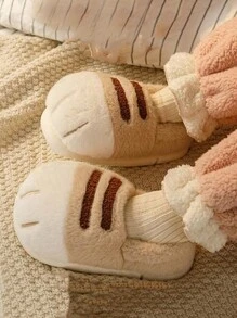 Cartoon Cat Paw Design Slippers, Warm Plush Winter House Shoes For Women - Khaki - View 2