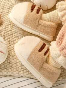 Cartoon Cat Paw Design Slippers, Warm Plush Winter House Shoes For Women - Khaki - View 4