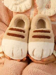 Cartoon Cat Paw Design Slippers, Warm Plush Winter House Shoes For Women - Khaki - View 3