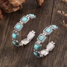 Bộ 1-3 đôi hoa tai hình chữ C khảm ngọc lam hình bán nguyệt họa tiết hoa phóng đại - Bộ 3 đôi bông tai hình chữ C - Xem 3