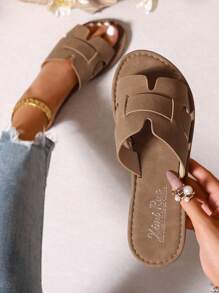 Dép xỏ ngón đế bằng phong cách Hàn Quốc dành cho nữ, dép hở mũi thông thường cho mùa xuân hè, dép La Mã thời trang để mặc với váy, phù hợp cho bãi biển, căn hộ, ngoài trời - màu nâu - Xem 2