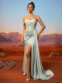 Women's Front Slit Side Ruched Open Back Lace Up Formal Evening Dress Party Dress Wedding Guest Dress,Gown - Green - View 7