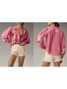 Women Long Sleeve Shirts Floral Print Ruffles Button Down Fashion Blouses Spring Loose Casual Shirt Tops - Pink - View 2