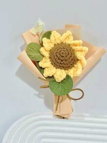 1 Bouquet Small Faux Knitting Sunflower With Eucalyptus Leaves, Autumn Artificial Crochet Flower Fall Fake Plant Eucalyptus Flowers Bride Bouquets Arrangement For Home Mom Birthday Wedding Party Back To School Supplies Thanksgiving Christmas Holiday Essentials Gift