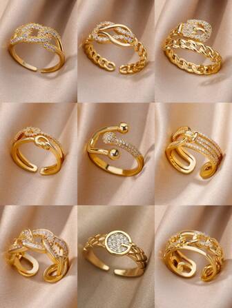 1pc Cubic Zirconia Chain Ring 18K Gold Plated Copper Open Adjustable Romantic Couple Ring Style For Teen Girls