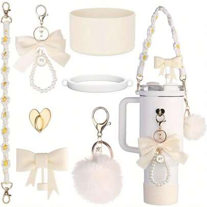 杯子配件套装包括硅胶吸管盖、硅胶套、水瓶手柄带、带手柄的 40 盎司 30 盎司玻璃杯挂饰